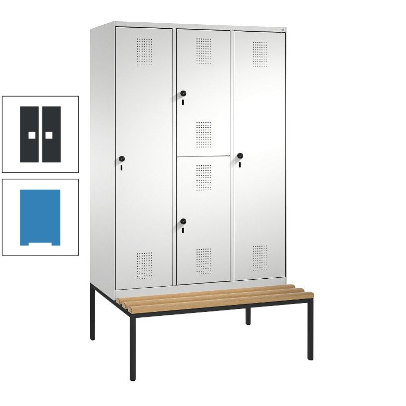 Garderobenschrank, Spind ein- und doppelstöckig Sitzbank, 3 Abteile, 4 Fächer, 2.090x1.200x500 mm (HxBxT), Front anthrazitgrau, Korpus anthrazitgrau