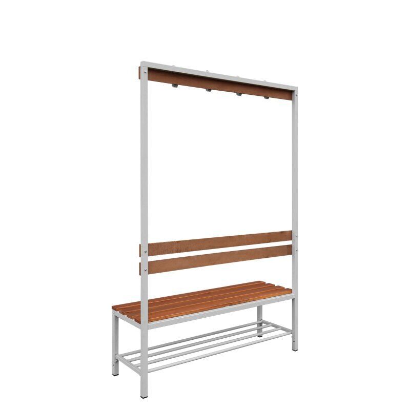 Umkleidebank, Umkleide-Sitzbank, Schuhrost, Haken, Breite 1.200 mm, Sitzhöhe 400 mm, Stahl mit Holzleisten, Gestell: lichtgrau, Sitzleisten: Buche