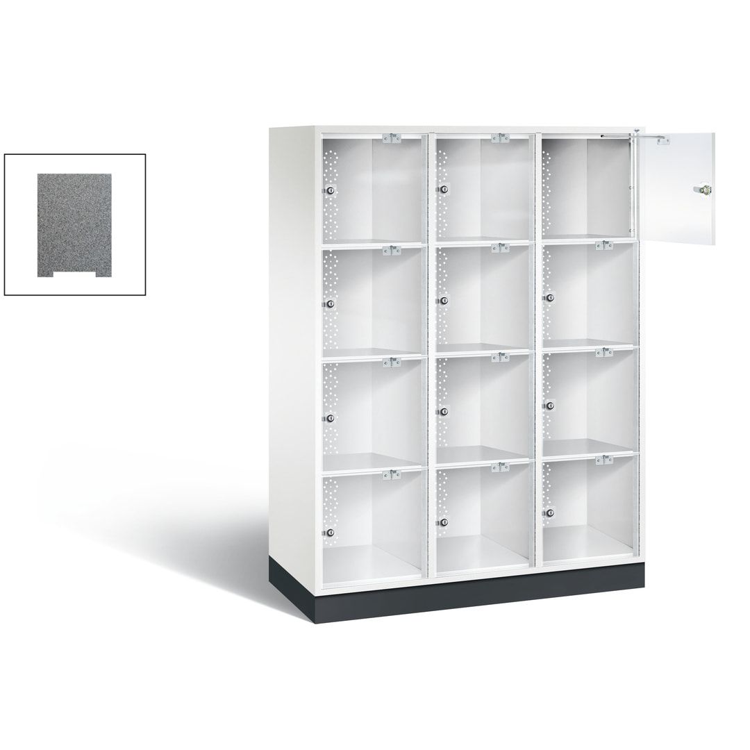 Schließfachschrank, Fächerschrank mit Türen aus Acrylglas, 3 Abteile, 12 Fächer, Zylinderschloss, 1.750 x 1.220 x 500 mm (HxBxT), Korpus anthrazitgrau
