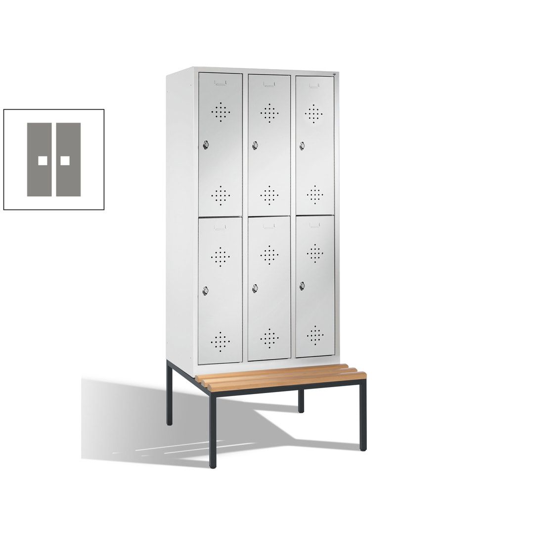 Garderobenschrank, Spind, 3 Abteile 6 Fächer, 2.090 x 1.200 x 815 mm (HxBxT), Hartholz Sitzbank untergebaut, Korpus anthrazitgrau, Türen anthrazitgrau