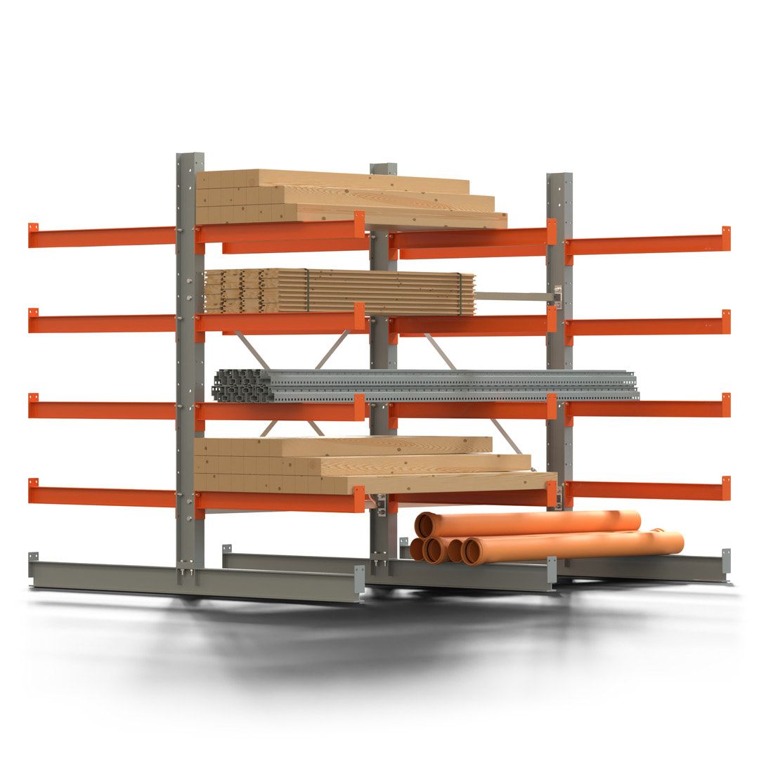 Doppelseitiges Kragarmregal, 2 Felder, 2.000 x 2.560 x 1.120 mm (HxBxT), Nutztiefe 500 mm, Kragarmlast 870 kg, KARL basic, silbergrau/reinorange