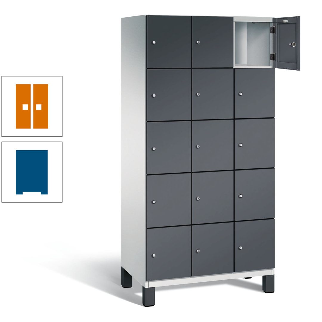 Fächerschrank, Stahlschrank, 15 Fächer, Türöffnungsbegrenzer, Füße, 1.980 x 900 x 525 mm (HxBxT), Korpus anthrazitgrau, Front anthrazitgrau