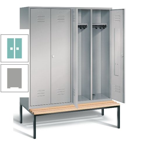 Doppel-Spindschrank, Buche Sitzbank untergebaut, 4 Abteile a 400 mm, Korpus lichtgrau, Tür anthrazitgrau, 2.090 x 1.590 x 815 mm (HxBxT)