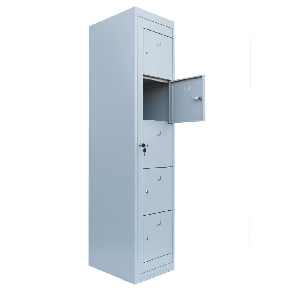 Verteilerschrank, Ausgabeschrank, Fächerschrank, Zentraltür, 1 Abteil, 5 Fächer, 1.800 x 400 x 500 mm (HxBxT), Korpus lichtgrau, Front enzianblau
