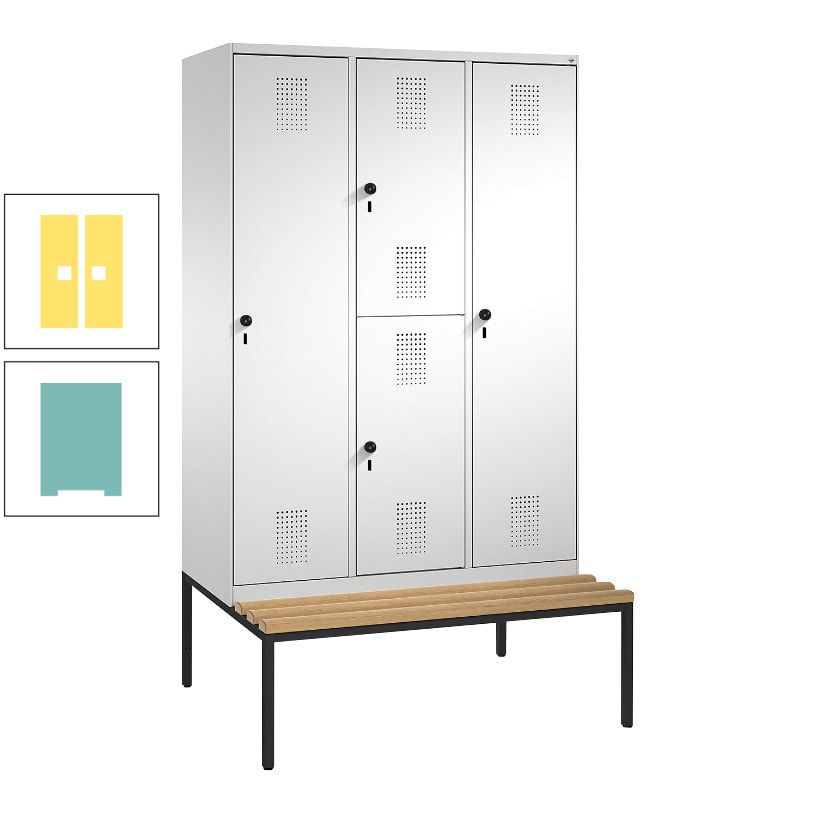 Garderobenschrank, Spind ein- und doppelstöckig Sitzbank, 3 Abteile, 4 Fächer, 2.090x1.200x500 mm (HxBxT), Front anthrazitgrau, Korpus anthrazitgrau