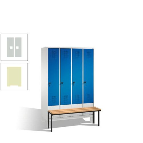 Stahl-Garderobenschrank, Spind, Buche Sitzbank vorgebaut, 4 Abteile a 300 mm, Korpus Lichtgrün, Tür Schwefelgelb, 1.850 x 1.200 x 815 mm (HxBxT)