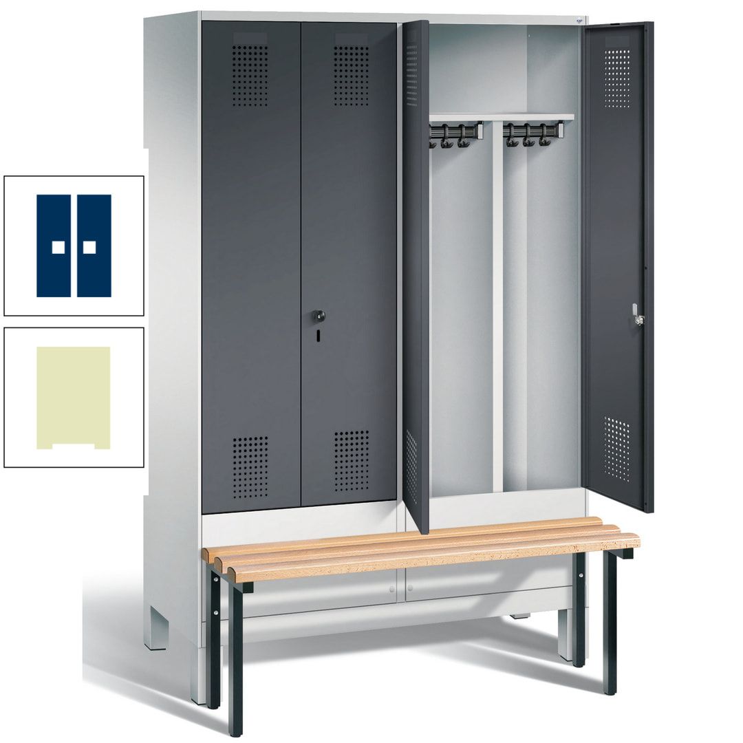 Doppel-Spind, Garderobenschrank, Buche Sitzbank vorgebaut, 4 Abteile a 300 mm, Korpus feuerrot, Tür Wasserblau, 1.850 x 1.200 x 815 mm (HxBxT)