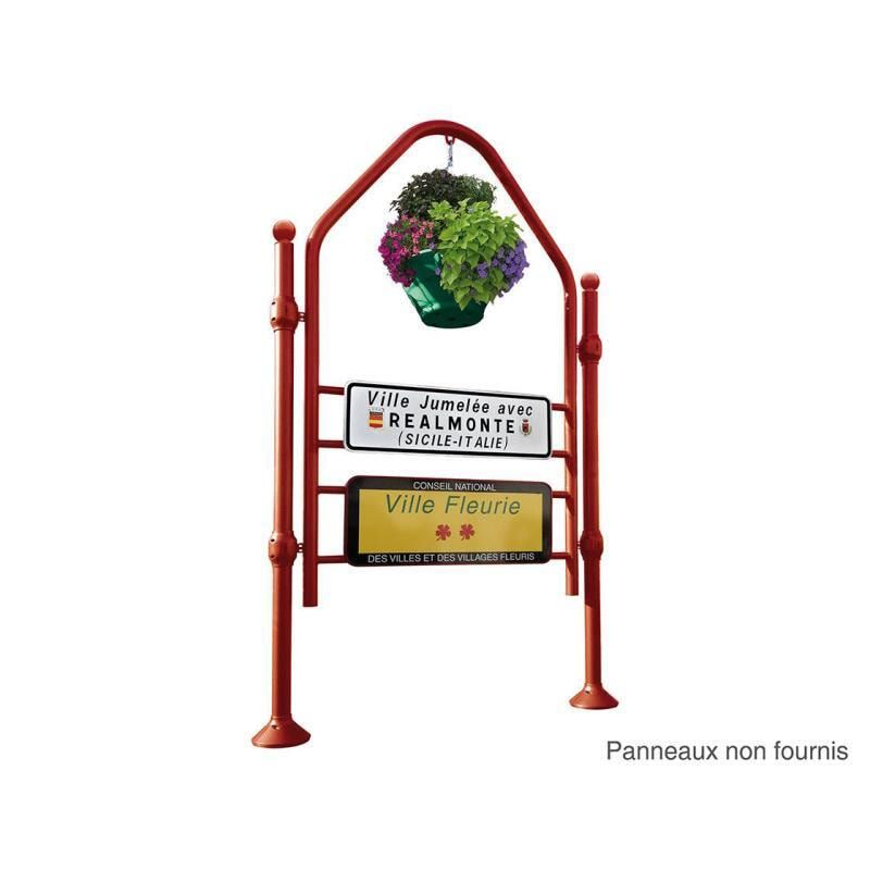 Begrüßungsschild, Willkommensschild, Stahlrohr, verzinkt, 3.140 x 1.722 mm (HxB), Pfostenkopf Kugel, Bodenmontage, Farbe enzianblau