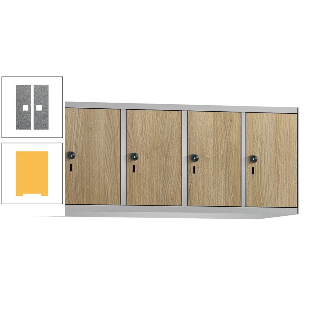 Aufsatzschrank, Schrankaufsatz, 4 Fächer a 300 mm, Farbe Pastellgelb, Tür anthrazitgrau, 500 x 1.200 x 500 mm (HxBxT)