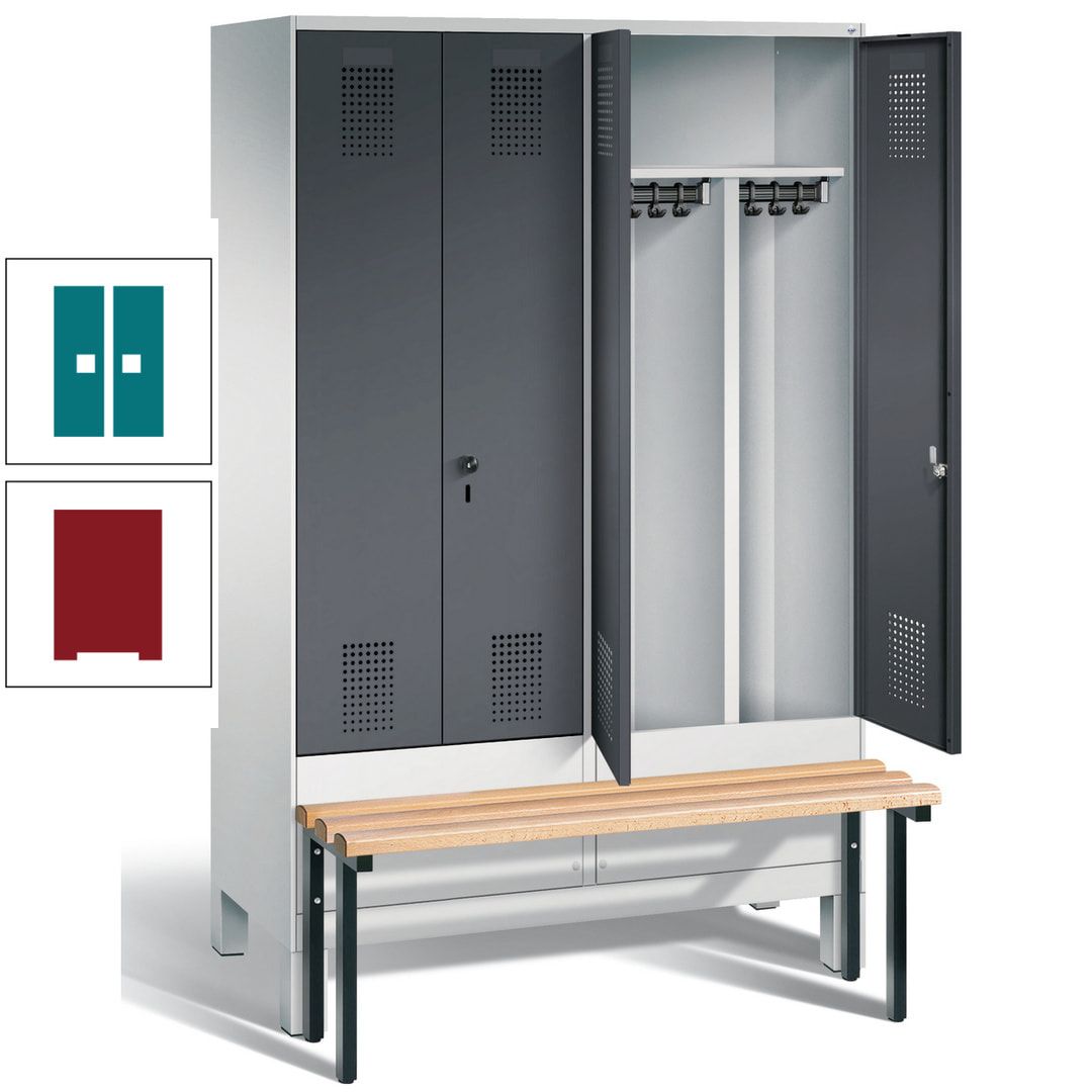 Doppel-Spind, Garderobenschrank, Buche Sitzbank vorgebaut, 4 Abteile a 300 mm, Korpus feuerrot, Tür Wasserblau, 1.850 x 1.200 x 815 mm (HxBxT)