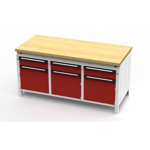 OTTOKIND Werkbank - bündige Arbeitsplatte - 850 x 1.695 x 750 mm (HxBxT) - 3 Schubladen - 3 Schränke - lichtgrau