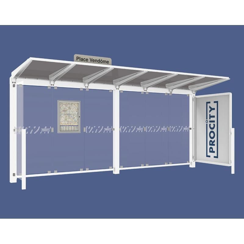 Buswartehalle - Unterstand - Fahrplankasten - Haltestellenschild - Seitenwand - Schaukasten - 2.390 x 5.000 x 1.500 mm (HxBxT) - enzianblau