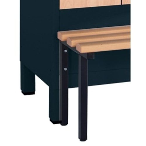 Stahl-Garderobenschrank, Spind, Buche Sitzbank vorgebaut, 4 Abteile a 300 mm, Korpus Lichtgrün, Tür Schwefelgelb, 1.850 x 1.200 x 815 mm (HxBxT)