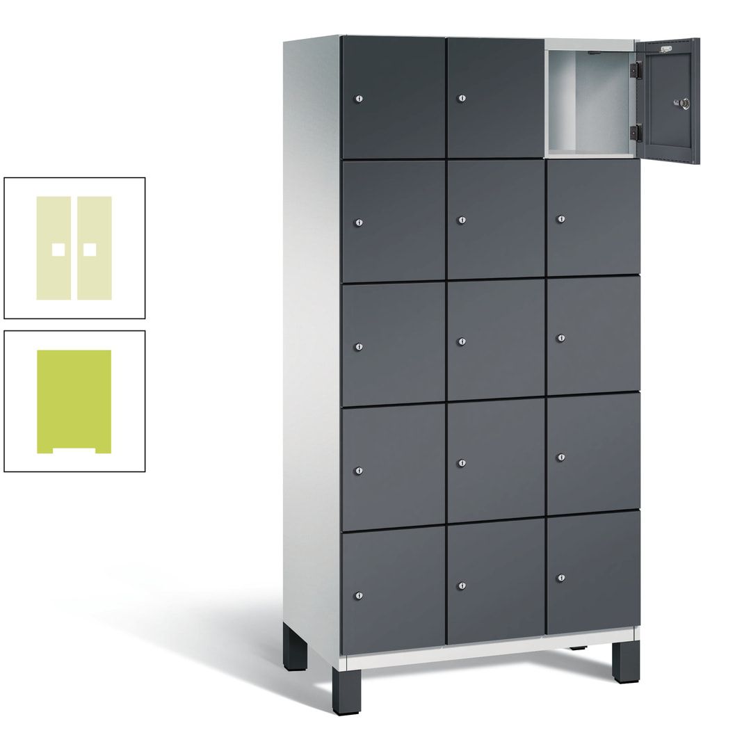 Fächerschrank, Stahlschrank, 15 Fächer, Türöffnungsbegrenzer, Füße, 1.980 x 900 x 525 mm (HxBxT), Korpus anthrazitgrau, Front anthrazitgrau