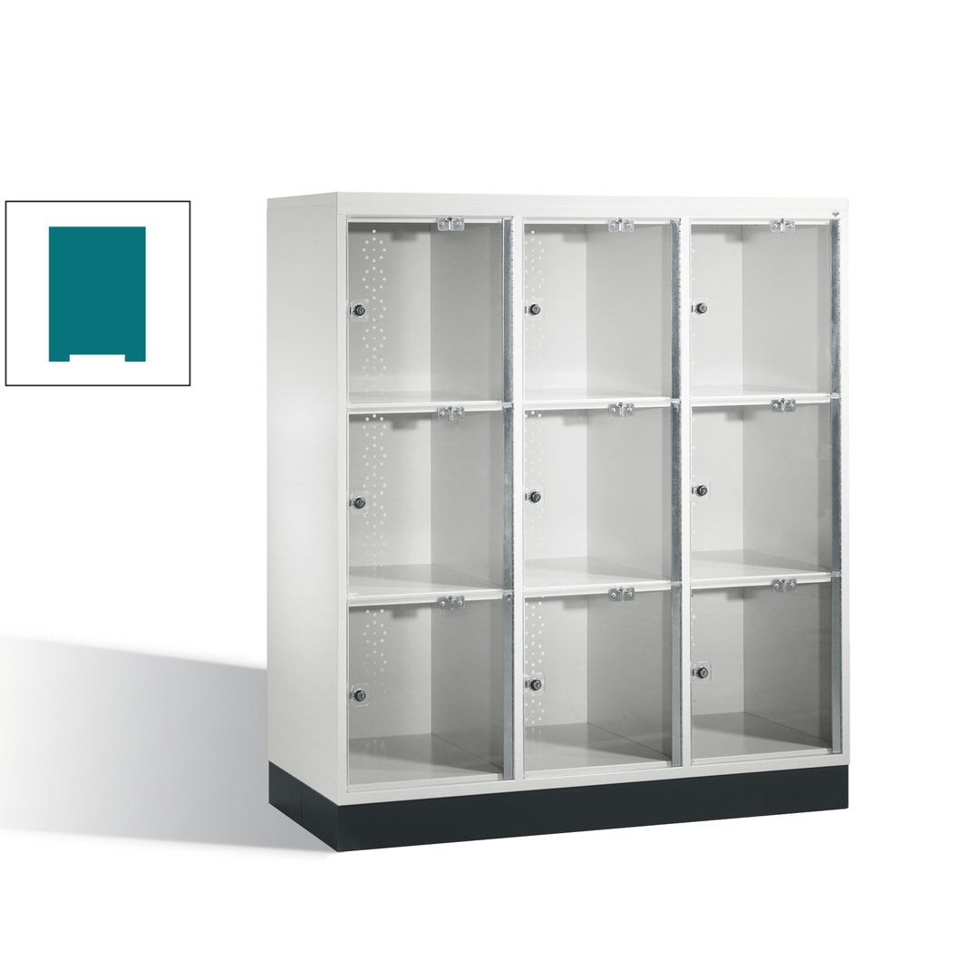 Schließfachschrank, Fächerschrank mit Türen aus Acrylglas, 3 Abteile, 9 Fächer, Zylinderschloss, 1.370 x 1.220 x 500 mm (HxBxT), Korpus anthrazitgrau