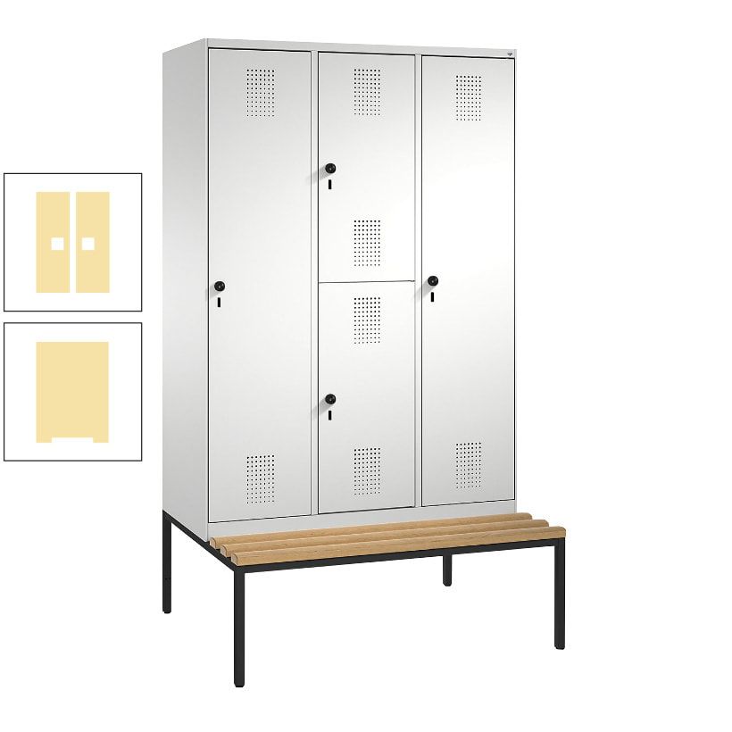 Garderobenschrank, Spind ein- und doppelstöckig Sitzbank, 3 Abteile, 4 Fächer, 2.090x1.200x500 mm (HxBxT), Front anthrazitgrau, Korpus anthrazitgrau