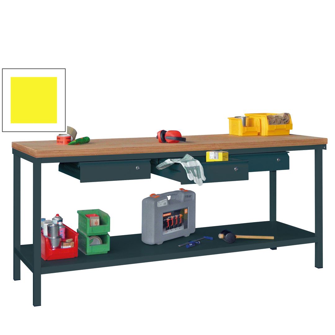 Werkbank mit Ablageboden - 3 Schubladen - 900 x 2.000 x 700 mm (HxBxT) - anthrazitgrau