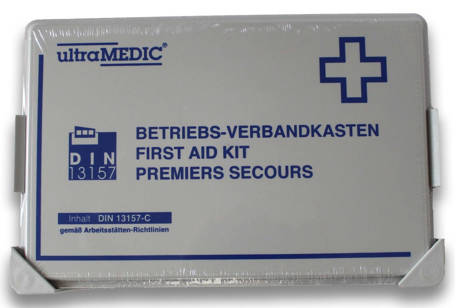 ultraMEDIC Betriebsverbandkasten, Erste-Hilfe-Koffer, mit Füllsortiment, DIN 13157, 118 x 270 x 90 mm (HxBxT), Wandhalterung, Kunststoff, grau