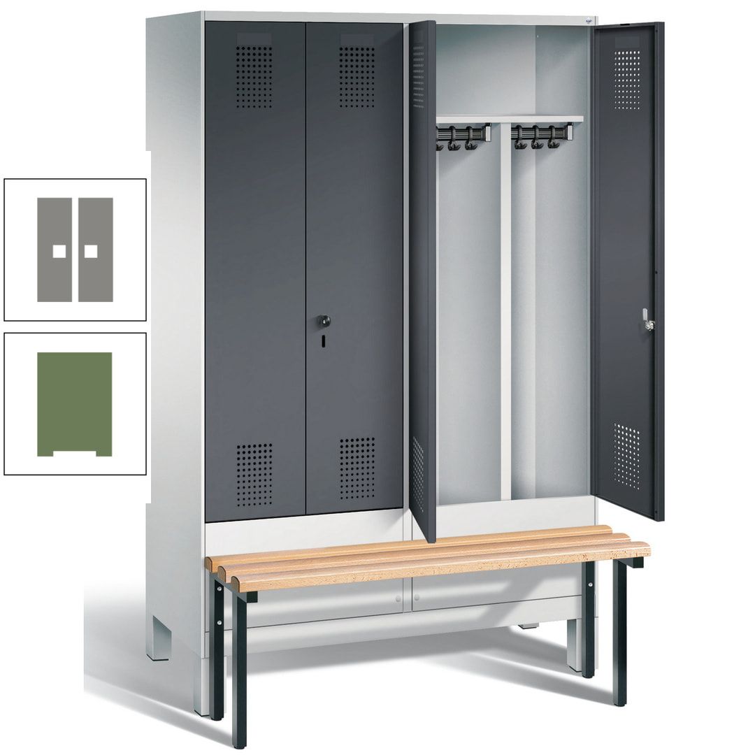 Doppel-Spind, Garderobenschrank, Buche Sitzbank vorgebaut, 4 Abteile a 300 mm, Korpus feuerrot, Tür Wasserblau, 1.850 x 1.200 x 815 mm (HxBxT)