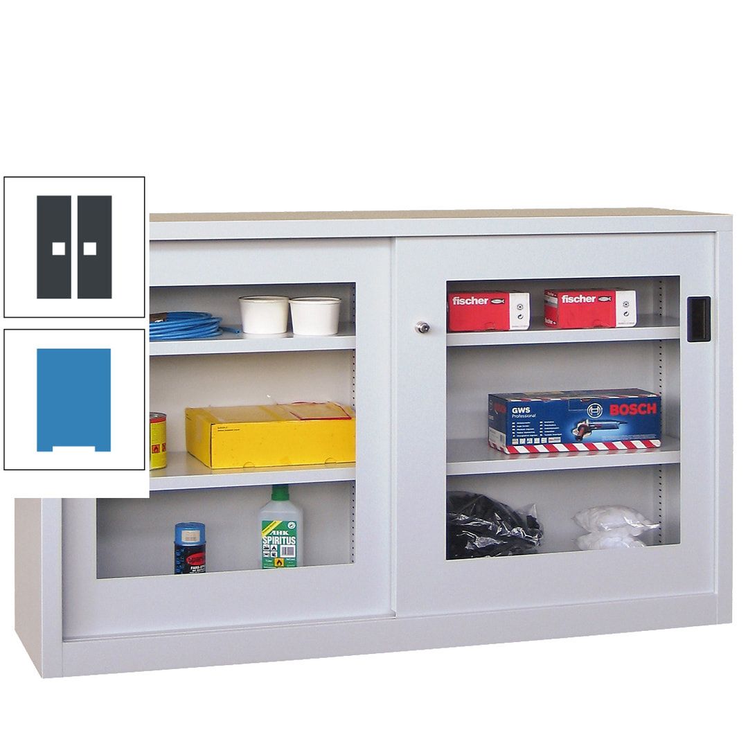 Schiebetürenschrank - Sichtfenstertüren - 1.000x1.500x600 mm (HxBxT) - 4 Böden, verzinkt - Zylinderschloss - anthrazitgrau