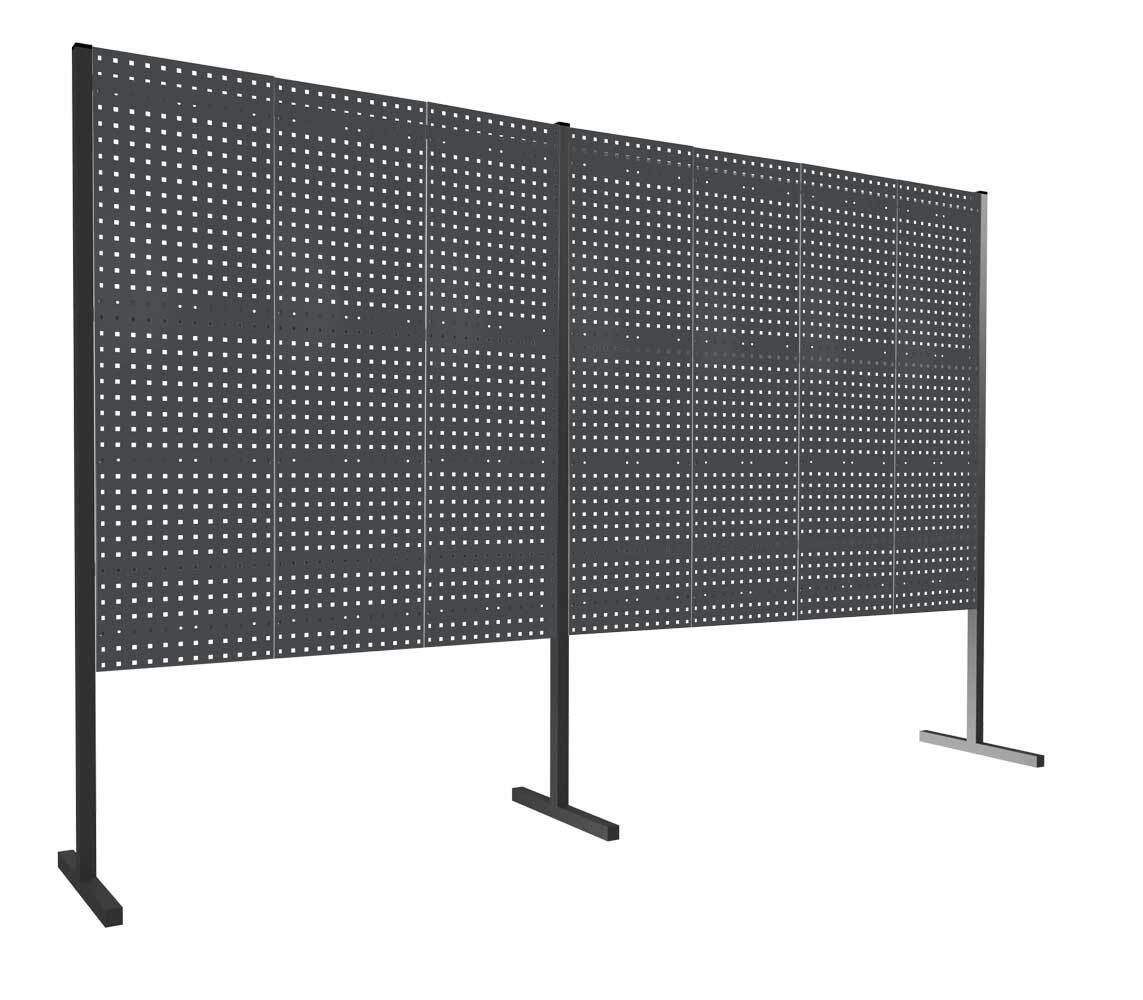 Modulare Trennwand, Werkzeugwand, Doppelfeld 180 Grad, 6 Lochplatten, Plattenhöhe 1.500 mm, 2.000 x 3.000 mm (HxB), Anthrazitgrau (RAL 7016)