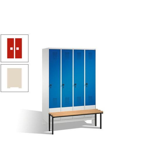 Stahl-Garderobenschrank, Spind, Buche Sitzbank vorgebaut, 4 Abteile a 300 mm, Korpus Lichtgrün, Tür Schwefelgelb, 1.850 x 1.200 x 815 mm (HxBxT)