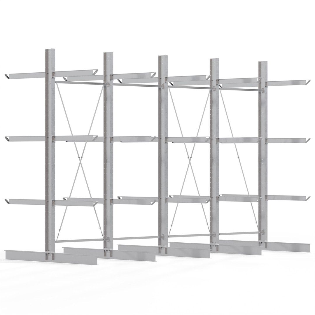 Doppelseitiges Kragarmregal feuerverzinkt, Schwerlastregal für außen - 2 Felder - 4.000 x 3.000 x 2.580 mm (HxBxT) - 800 kg - KARL heavy