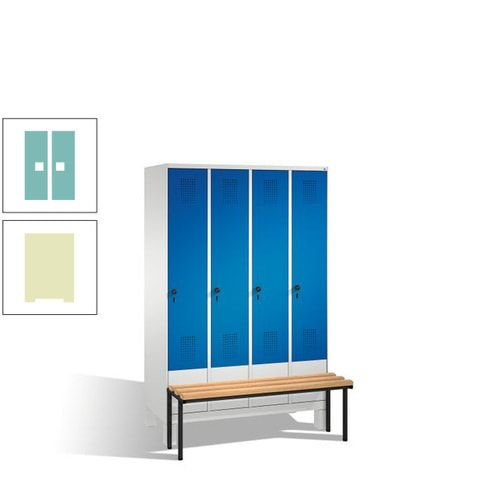 Stahl-Garderobenschrank, Spind, Buche Sitzbank vorgebaut, 4 Abteile a 300 mm, Korpus Lichtgrün, Tür Schwefelgelb, 1.850 x 1.200 x 815 mm (HxBxT)
