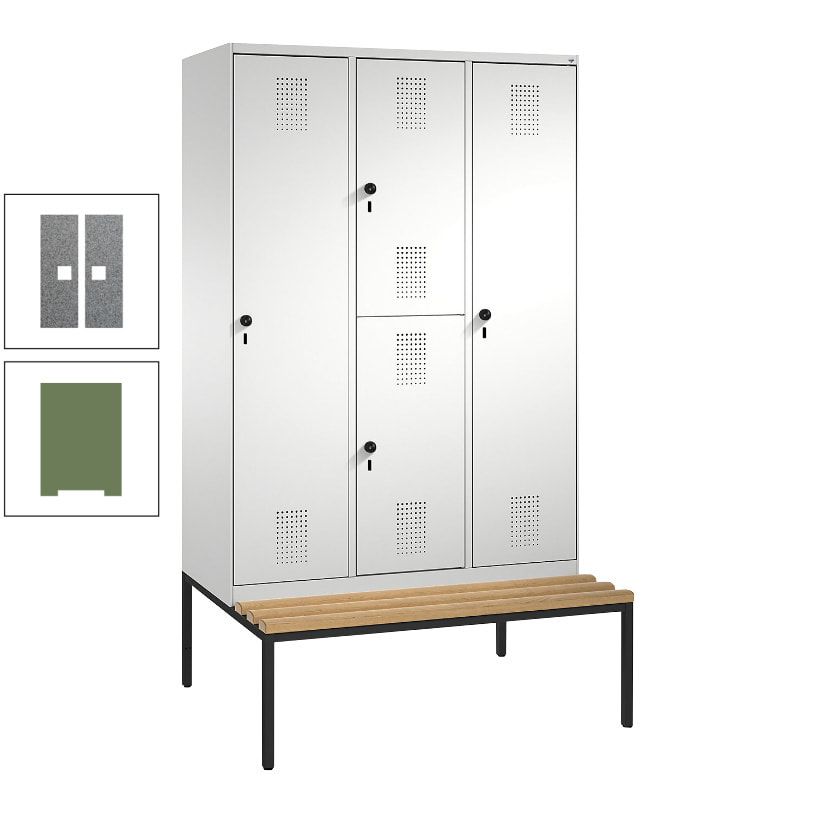 Garderobenschrank, Spind ein- und doppelstöckig Sitzbank, 3 Abteile, 4 Fächer, 2.090x1.200x500 mm (HxBxT), Front anthrazitgrau, Korpus anthrazitgrau