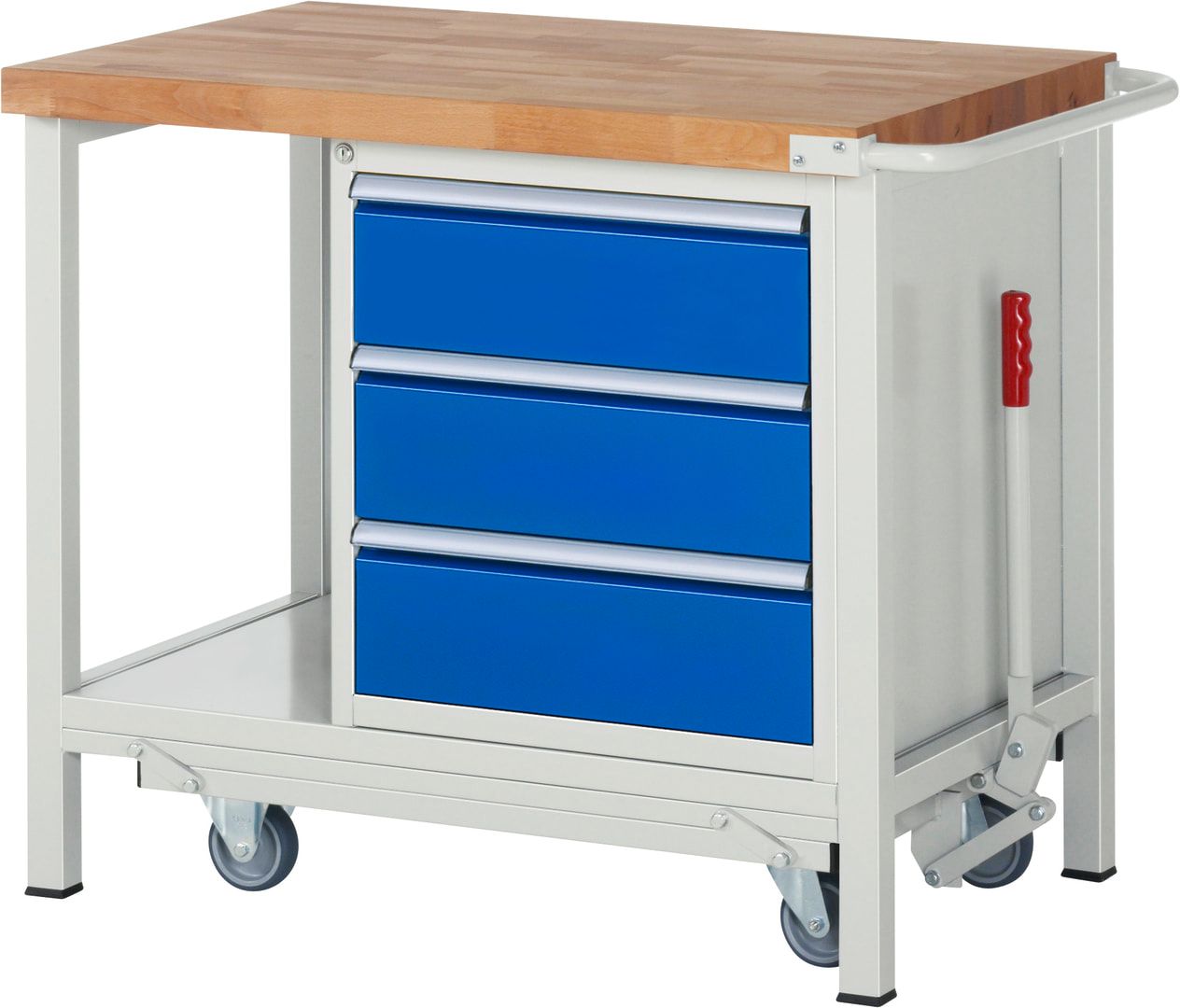Mobile absenkbare Werkbank mit 3 Schubladen - Teilauszug - 180:3 - 880 x 1.000 x 700 mm (HxBxT) - 1,25 t - Buche - Anthrazitgrau