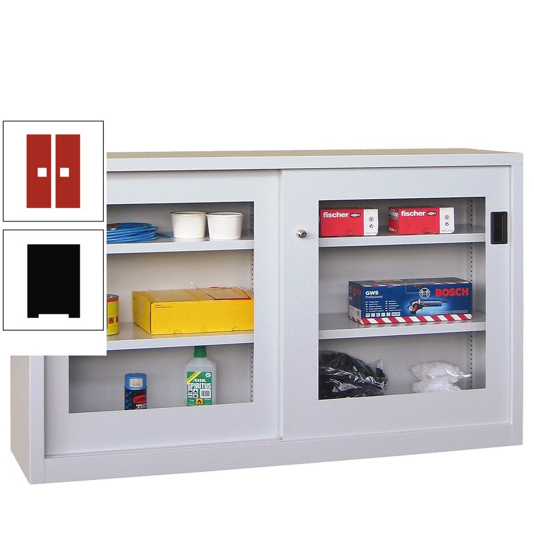 Schiebetürenschrank - Sichtfenstertüren - 1.000x1.500x600 mm (HxBxT) - 4 Böden, verzinkt - Zylinderschloss - anthrazitgrau
