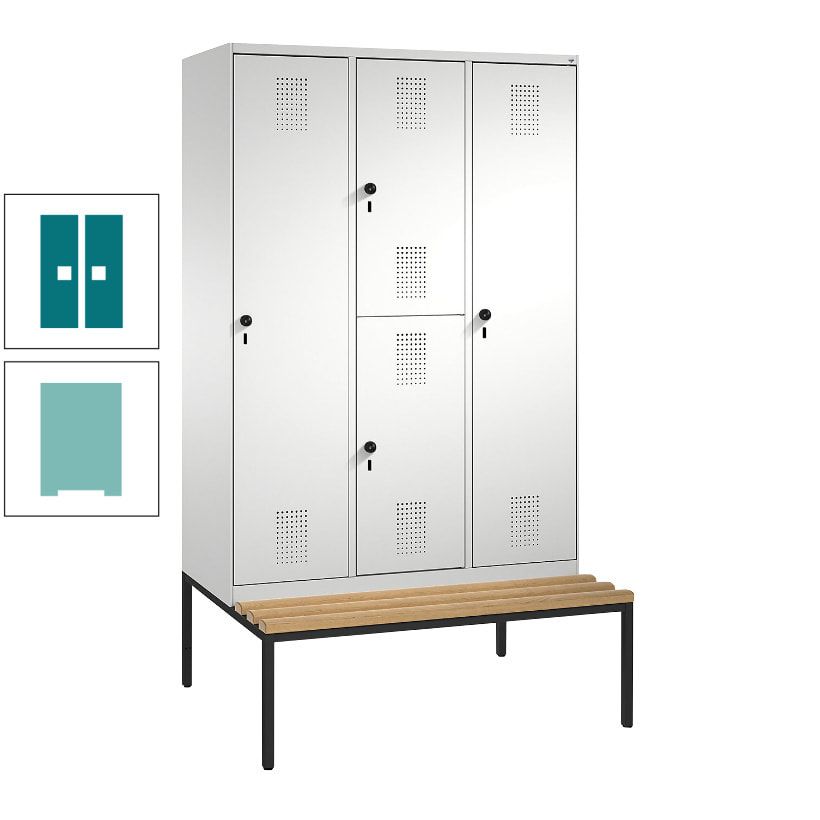 Garderobenschrank, Spind ein- und doppelstöckig Sitzbank, 3 Abteile, 4 Fächer, 2.090x1.200x500 mm (HxBxT), Front anthrazitgrau, Korpus anthrazitgrau