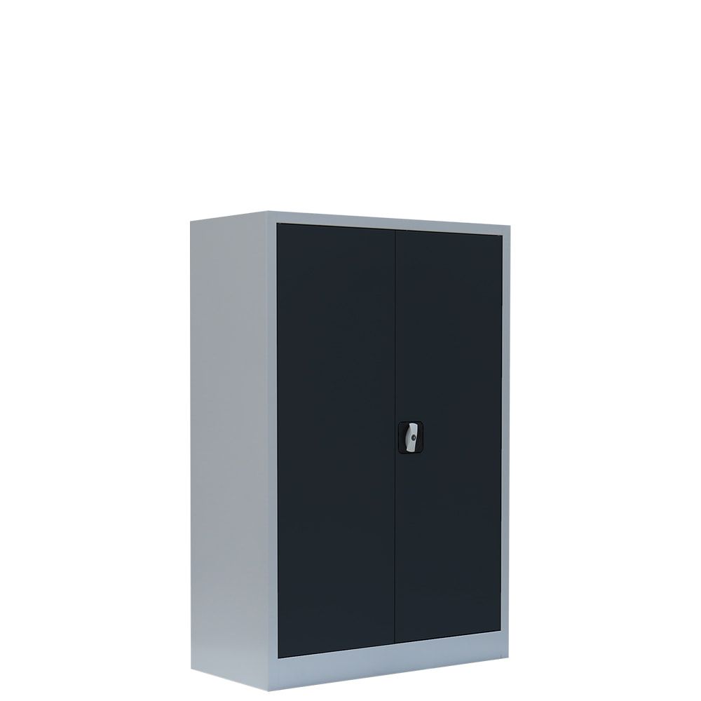 Aktenschrank, Büroschrank, abschließbar, Flügeltüren, 2 Fachböden, 1.200 x 925 x 422 mm (HxBxT), Stahl, Korpus und Türen in lichtgrau