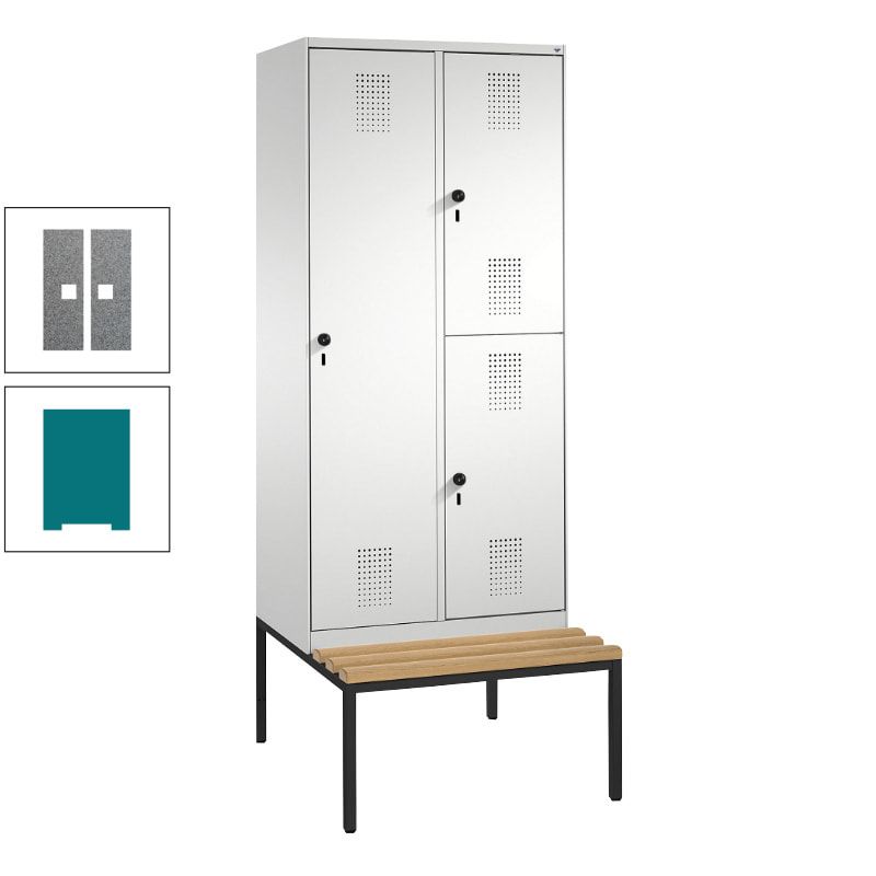 Garderobenschrank, Spind ein- und doppelstöckig Sitzbank, 2 Abteile, 3 Fächer, 2.090 x 800 x 500 mm (HxBxT), Front anthrazitgrau, Korpus anthrazitgrau