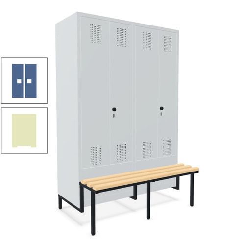 Doppel-Spind, Garderobenschrank, Buche Sitzbank integriert, 4 Abteile 300 mm, Korpus anthrazitgrau, Tür anthrazitgrau, 1.850 x 1.200 x 815 mm (HxBxT)