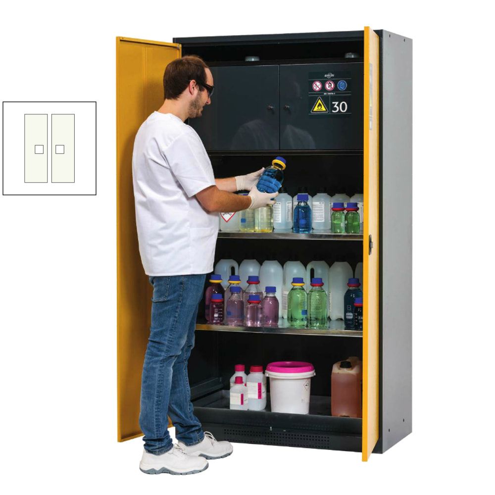 Chemikalienschrank - Sicherheitsbox - Flügeltüren, goldgelb - 2 Fachböden - Lochblecheinsatz - 1.950 x 1.055 x 520 mm - Stahl, pulverbeschichtet