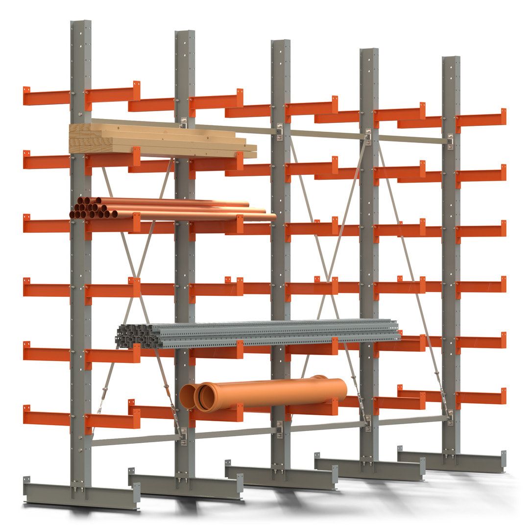Doppelseitiges Kragarmregal, 2 Felder, 3.000 x 2.000 x 1.120 mm (HxBxT), Nutztiefe 500 mm, Kragarmlast 870 kg, KARL basic, silbergrau/reinorange