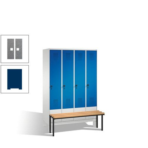 Stahl-Garderobenschrank, Spind, Buche Sitzbank vorgebaut, 4 Abteile a 300 mm, Korpus Lichtgrün, Tür Schwefelgelb, 1.850 x 1.200 x 815 mm (HxBxT)