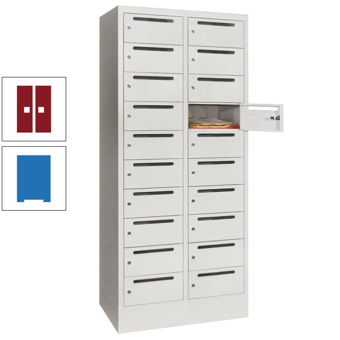 Postverteilerschrank, Schließfachschrank, 2 Abteile a 400 mm, 20 Fächer, 1.850 x 800 x 500 mm (HxBxT), Korpus anthrazitgrau, Front anthrazitgrau