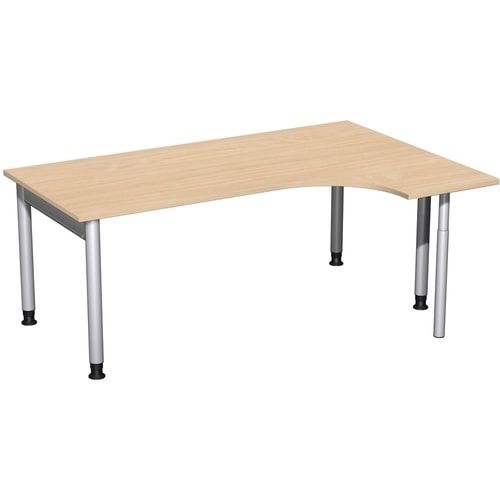 Eckschreibtisch, Ecke rechts, Füße einseitig verkürzt, 4-Fuß Pro, höhenverstellbar, 680-800 x 1.600 x 1.200 mm (HxBxT), Dekor Ahorn