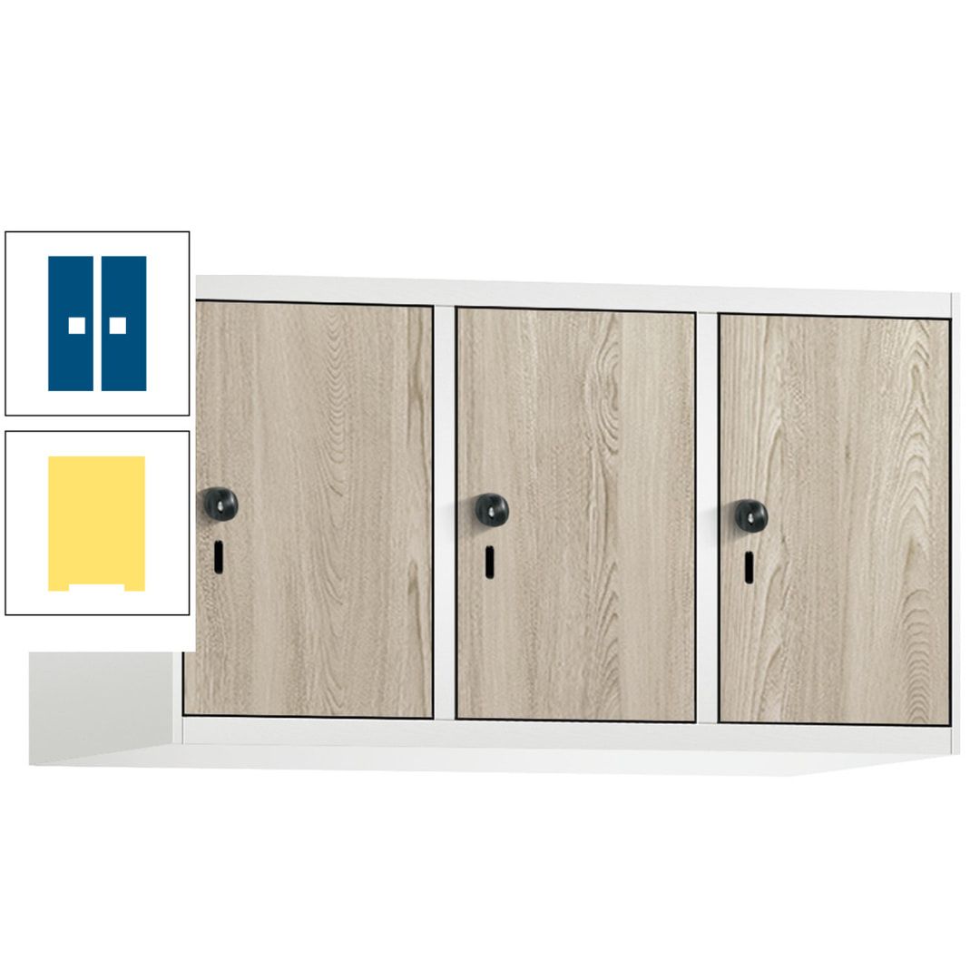 Aufsatzschrank, Schrankaufsatz, 3 Fächer a 300 mm, Farbe Pastellgelb, Tür anthrazitgrau, 500 x 900 x 500 mm (HxBxT)