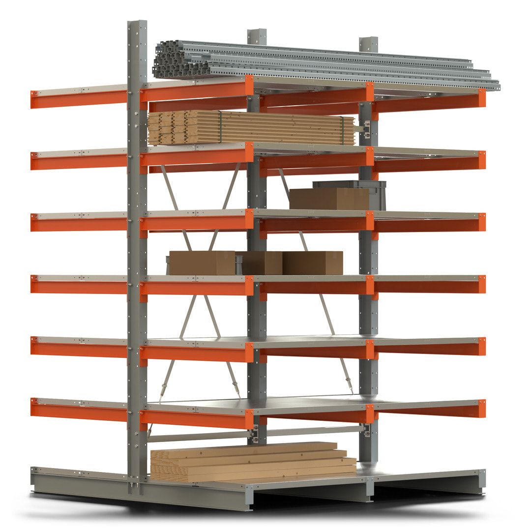 Doppelseitiges Kragarmregal mit Fachböden, 2 Felder, 3.000 x 2.000 (HxB), Nutztiefe 1.000 mm, Kragarmlast 450 kg, KARL basic, silbergrau/reinorange