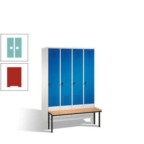 Stahl-Garderobenschrank, Spind, Buche Sitzbank vorgebaut, 4 Abteile a 300 mm, Korpus Lichtgrün, Tür Schwefelgelb, 1.850 x 1.200 x 815 mm (HxBxT)
