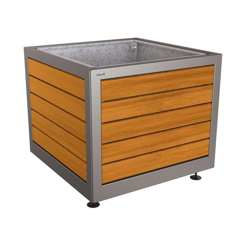 Pflanzbehälter, Stahl und Holz, verstellbare Füße, Innenverkleidung feuerverzinkt, 800 x 1.000 x 1.000 mm (HxBxT), Farbe enzianblau