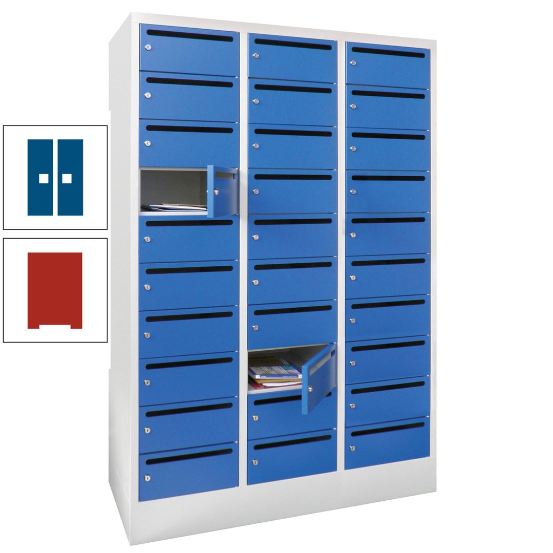 Postverteilerschrank, Schließfachschrank, 3 Abteile a 300 mm, 30 Fächer, 1.850 x 900 x 500 mm (HxBxT), Korpus anthrazitgrau, Front anthrazitgrau
