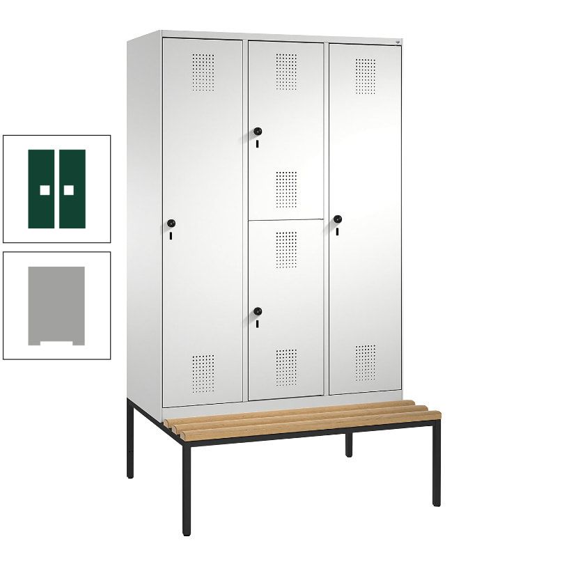Garderobenschrank, Spind ein- und doppelstöckig Sitzbank, 3 Abteile, 4 Fächer, 2.090x1.200x500 mm (HxBxT), Front anthrazitgrau, Korpus anthrazitgrau