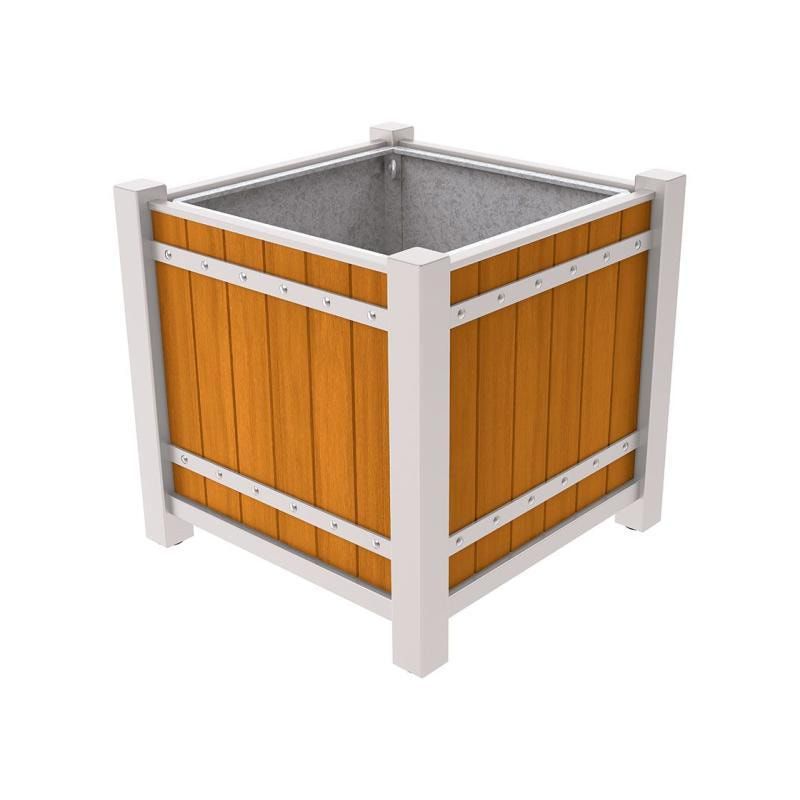 Pflanzbehälter, Pflanzgefäß, verzinkt, Eichenholzverkleidung, innen feuerverzinkt mit Verladungsgriffen, 960 x 1.060 x 1.060 mm (HxBxT), enzianblau