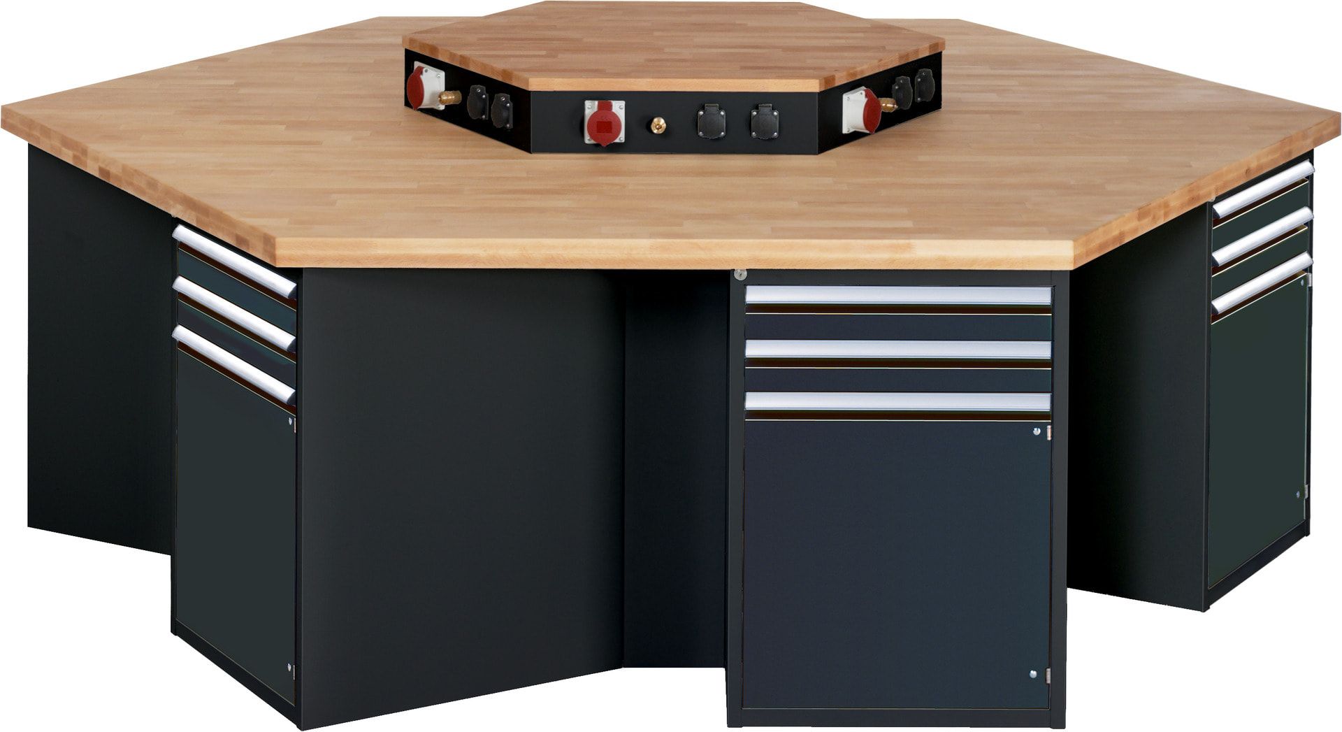 Gruppenwerkbank, Buche, Höhe 840 mm, mit Energieaufsatz, Unterbau-Container, 2 Schubladen, 1 Tür, 1 Boden - Anthrazitgrau