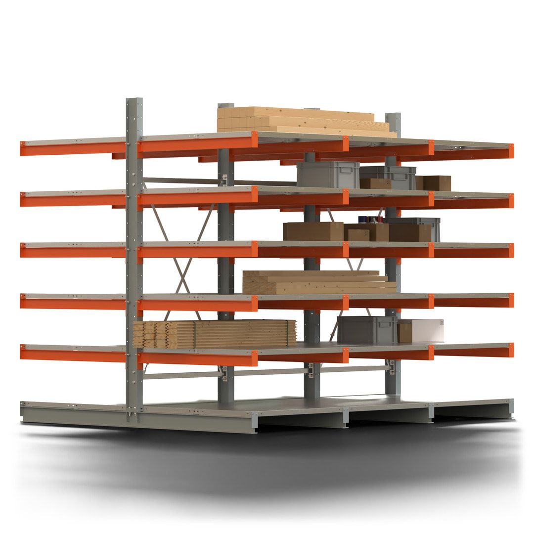 Doppelseitiges Kragarmregal mit Fachböden, 2 Felder, 2.500 x 2.000 (HxB), Nutztiefe 1.000 mm, Kragarmlast 450 kg, KARL basic, silbergrau/reinorange