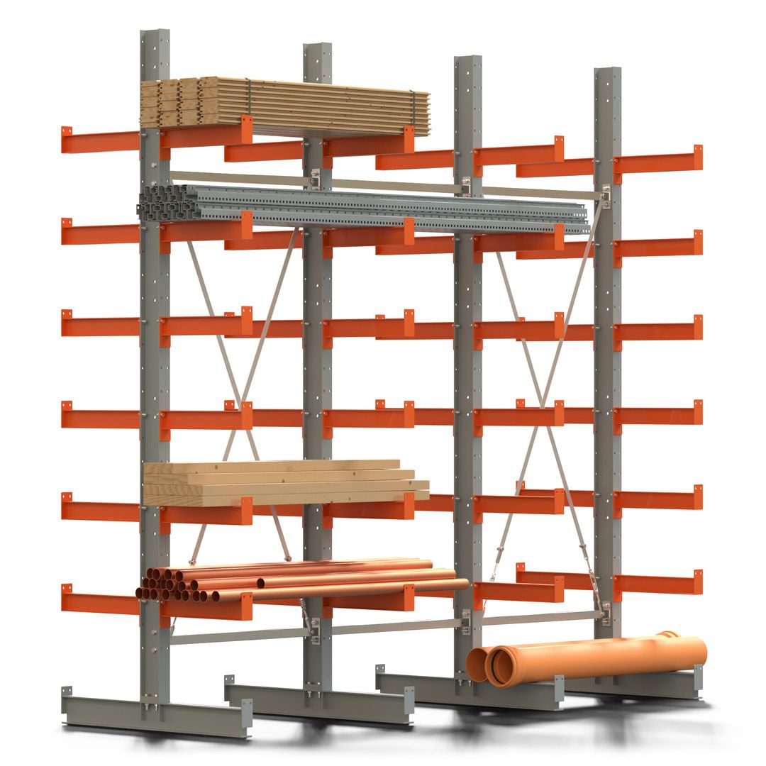Doppelseitiges Kragarmregal, 2 Felder, 3.000 x 2.000 x 1.120 mm (HxBxT), Nutztiefe 500 mm, Kragarmlast 870 kg, KARL basic, silbergrau/reinorange